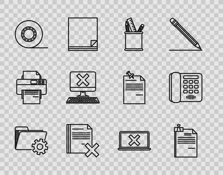 Set line Folder settings with gears, File document and binder clip, Pencil case Stock Illustration