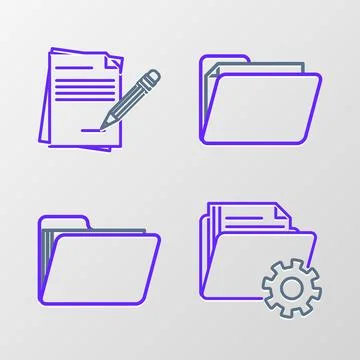 Set line Folder settings with gears, Document folder, and Blank notebook and Stock Illustration