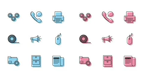 Set line Folder settings with gears, Archive papers drawer, Gear, News Stock Illustration