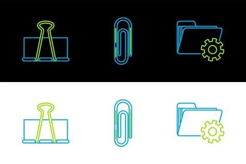 Set line Folder settings with gears, Binder clip and Paper icon. Vector Illustrazione stock