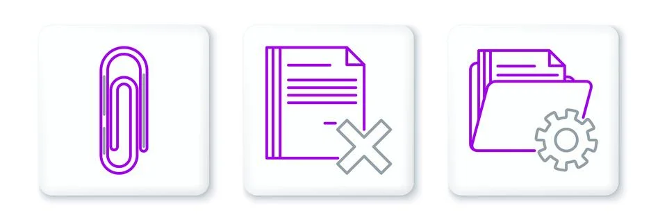 Set line Folder settings with gears, Paper clip and Delete file document icon 스톡 일러스트