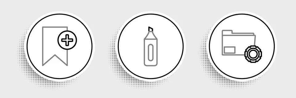 Set line Folder settings with gears, Bookmark and Marker pen icon. Vector Stock Illustration