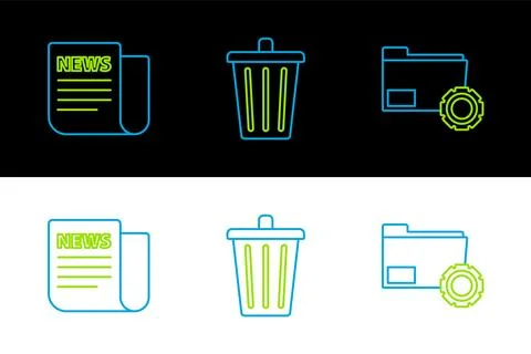 Set line Folder settings with gears, News and Trash can icon. Vector Stock-Illustration
