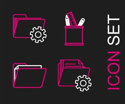 Set line Folder settings with gears, Document folder, Pencil case stationer.. Stock Illustration