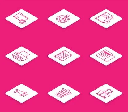 Set line Folder settings with gears, Briefcase, Document minus, Printer, Fi.. Stock Illustration