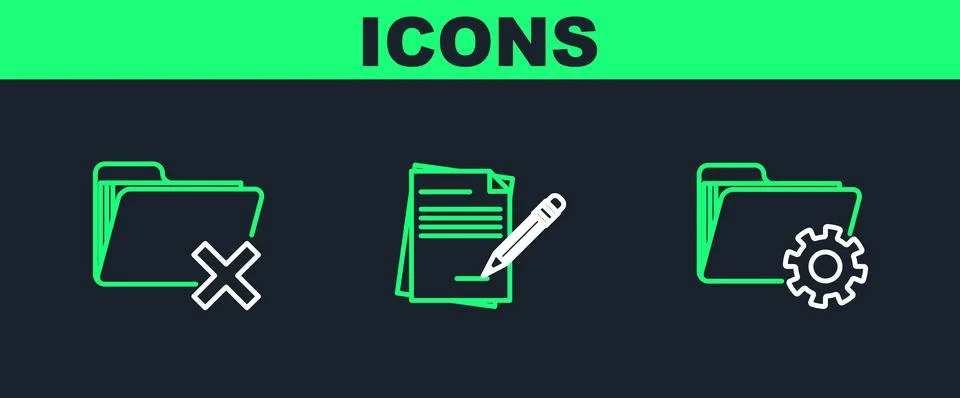 Set line Folder settings with gears, Delete folder and Blank notebook and p.. Stock Illustration