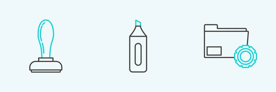 Set line Folder settings with gears, Stamp and Marker pen icon. Vector Illustration