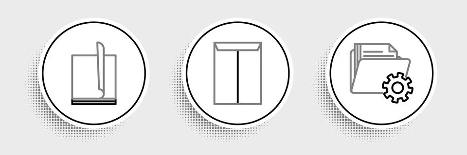 Set line Folder settings with gears, File document and Envelope icon. Vector Stock Illustration