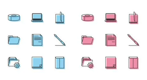Set line Folder settings with gears, File document, Scotch, Envelope, Pen l.. Stock-Illustration