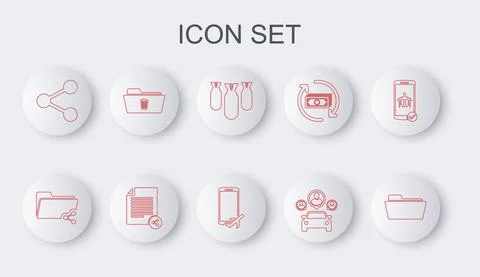 Set line Folder, Share folder, Aviation bombs, Car sharing, Delete, file and Stock Illustration
