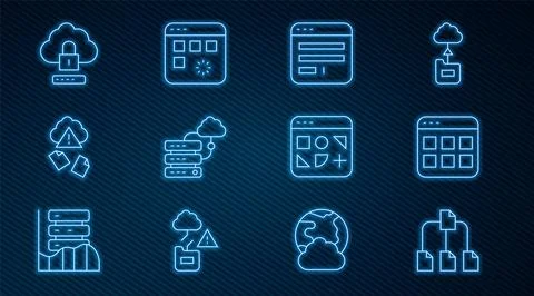 Set line Folder tree Browser files window Network cloud connection Cloud hack Stock Illustration