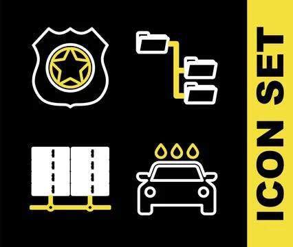 Set line Folder tree, Car wash, Server, Data, Web Hosting and Police badge icon Stock Illustration