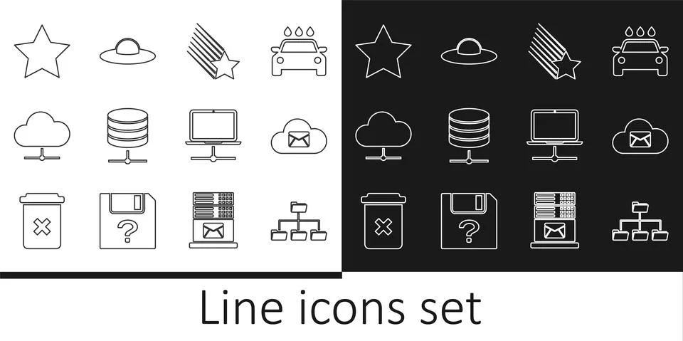 Set line Folder tree, Cloud mail server, Falling star, Server, Data, Web Hosting 스톡 일러스트