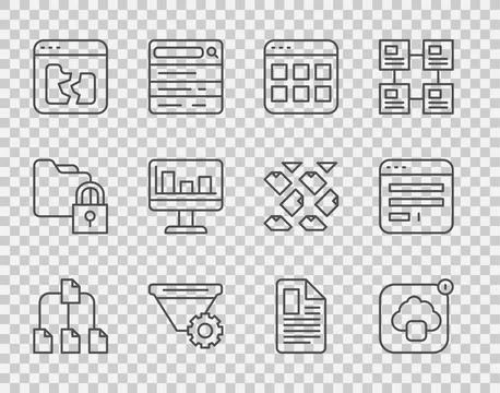 Set line Folder tree, Cloud technology data transfer, Browser files, Filter.. Stockillustratie