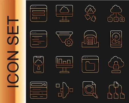 Set line Folder tree, Cloud computing lock, Hard disk drive HDD, hacking, F.. Stock Illustration