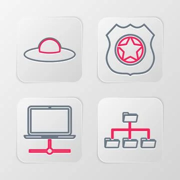 Set line Folder tree, Computer network, Police badge and UFO flying spaceship Stock Illustration