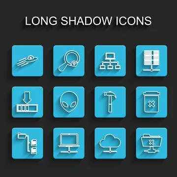 Set line Folder tree, Computer network, UFO flying spaceship and alien, Network Stockillustratie