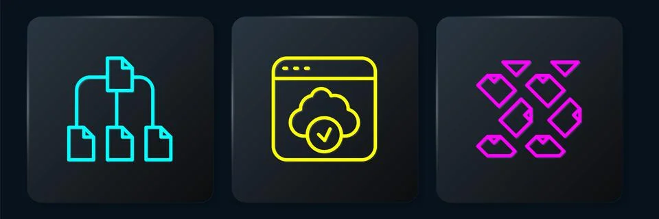 Set line Folder tree, Data stream and Cloud technology data transfer. Black.. Stock Illustration