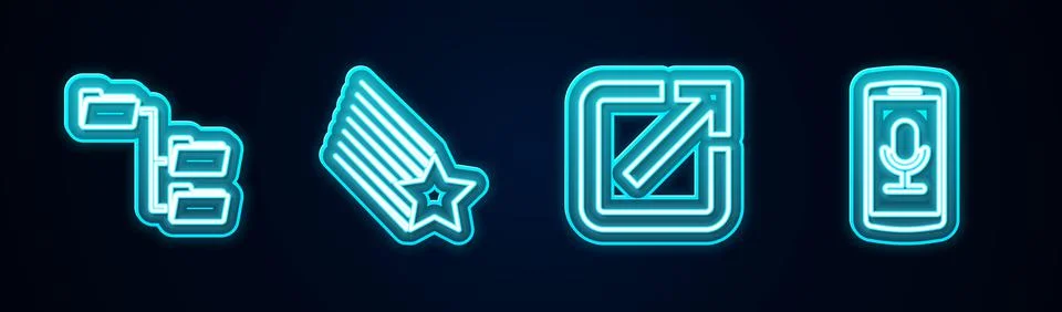 Set line Folder tree, Falling star, Open new window and Mobile recording Stock Illustration