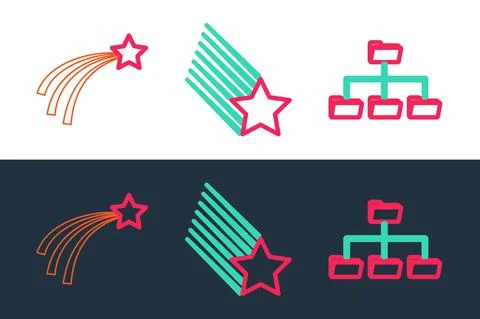 Set line Folder tree, Falling star and icon. Vector Stock Illustration