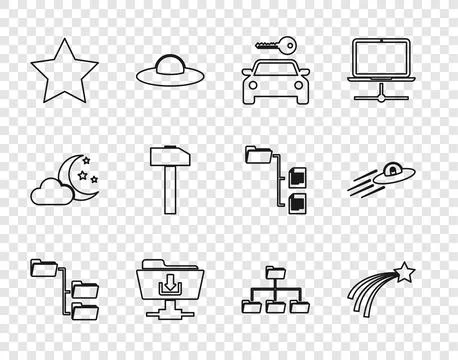 Set line Folder tree, Falling star, Car rental, FTP folder download, Star Stock Illustration