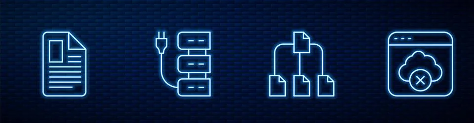 Set line Folder tree, File document, Server and Failed access cloud storage Stock Illustration