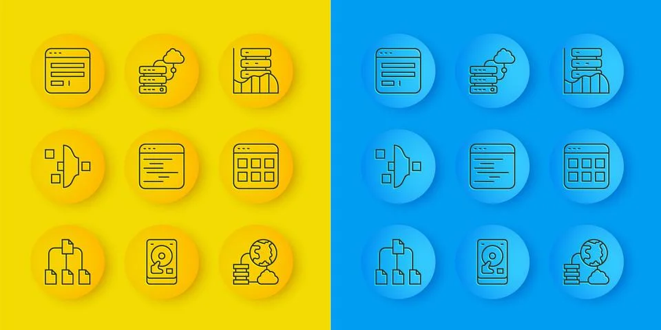 Set line Folder tree, Filter setting, Software, Network cloud connection, B.. Illustrazione stock