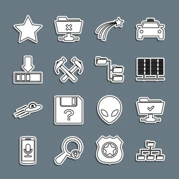 Set line Folder tree, FTP operation successful, Server, Data, Web Hosting, .. Stock Illustration