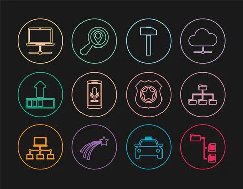 Set line Folder tree, Hammer, Mobile recording, Loading, Computer network Illustrazione stock