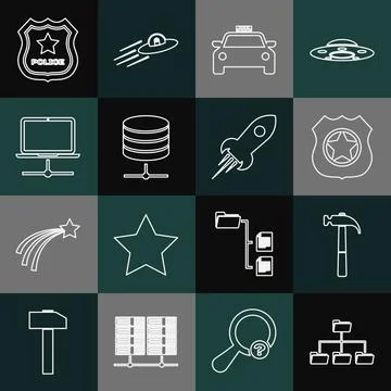 Set line Folder tree, Hammer, Police badge, Taxi car, Server, Data, Web Hosting Stock Illustration