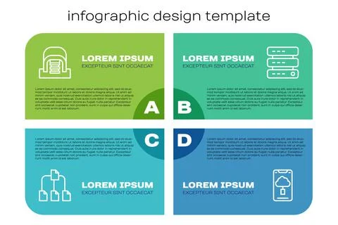 Set line Folder tree, Hangar with servers, Cloud technology data transfer and Stock Illustration