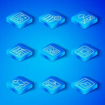 Set line Folder tree, Hard disk drive HDD, Server, Data, Web Hosting, Processor Stock Illustration