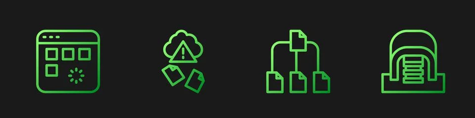 Set line Folder tree, Loading data window, Cloud hacking and Hangar with servers 스톡 일러스트