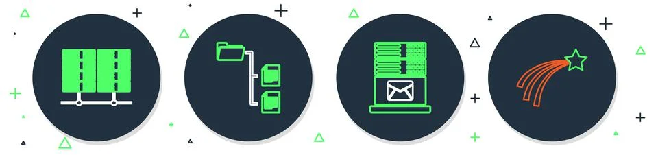Set line Folder tree, Mail server, Server, Data, Web Hosting and Falling star Stock Illustration