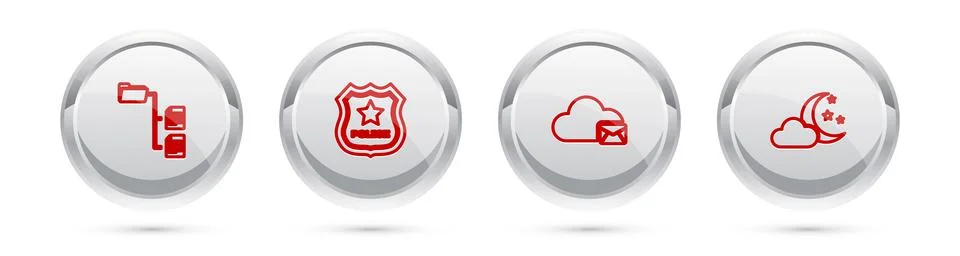Set line Folder tree, Police badge, Cloud mail server and with moon and stars Ilustração Stock
