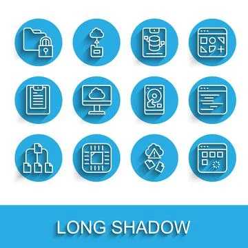 Set line Folder tree, Processor with CPU, and lock, Cloud hacking, Loading data Illustrazione stock