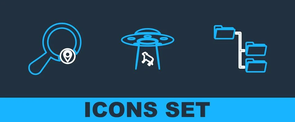 Set line Folder tree, Search location and UFO abducts cow icon. Vector Stock Illustration
