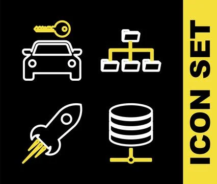 Set line Folder tree, Server, Data, Web Hosting, Rocket ship with fire and .. Stock Illustration