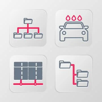 Set line Folder tree, Server, Data, Web Hosting, Car wash and  icon. Vector 스톡 일러스트