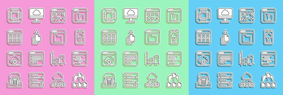 Set line Folder tree, Software, Cloud technology data transfer, Different files Illustrazione stock