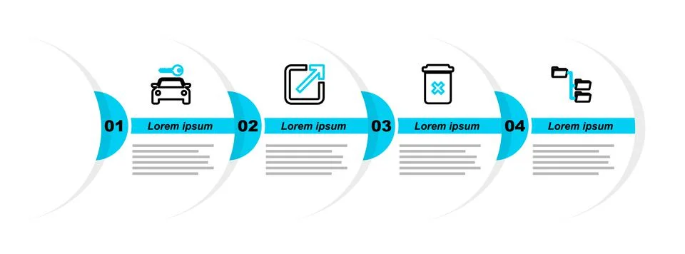 Set line Folder tree, Trash can, Open in new window and Car rental icon. Vect Stock Illustration
