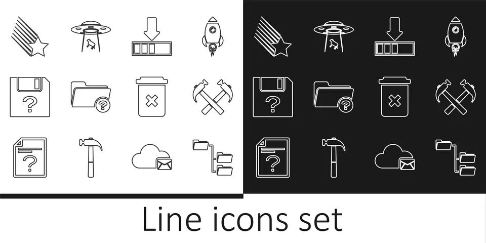 Set line Folder tree, Two crossed hammers, Loading, Unknown directory, document Illustrazione stock