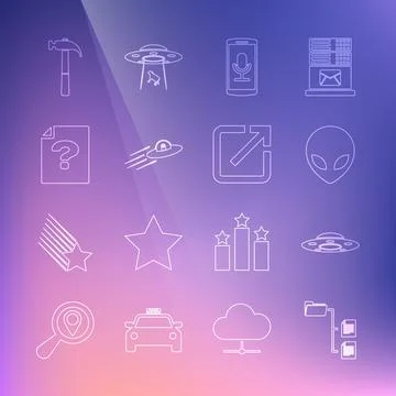 Set line Folder tree, UFO flying spaceship, Alien, Mobile recording, and alien Stock Illustration