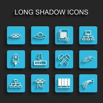 Set line Folder tree, UFO abducts cow, flying spaceship, Server, Data, Web Ho Stock Illustration