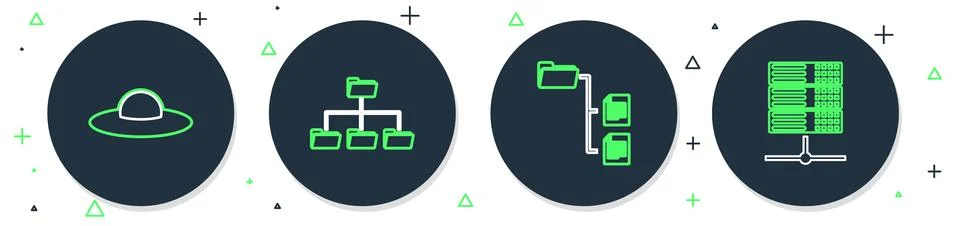 Set line Folder tree, UFO flying spaceship and Server, Data, Web Hosting ic.. Stock Illustration