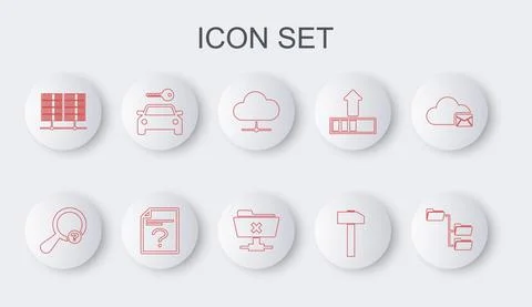 Set line Folder tree, Unknown search, Network cloud connection, Hammer, Server Stock Illustration