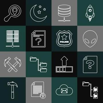 Set line Folder tree, Unknown document, Alien, Server, Data, Web Hosting, Search Stock Illustration