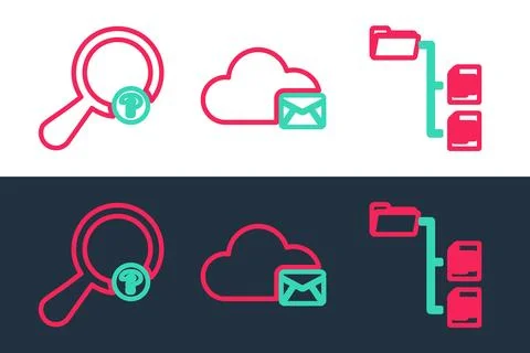 Set line Folder tree, Unknown search and Cloud mail server icon. Vector Stock Illustration