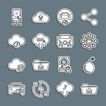 Set line Folder upload, Bomb ready to explode, Car sharing, CO2 emissions c.. Stock Illustration