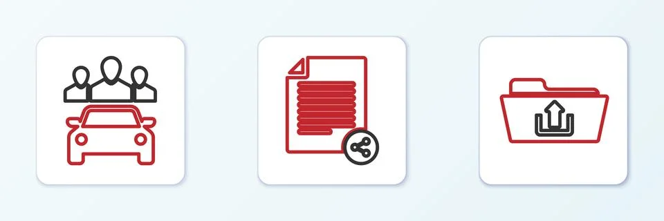 Set line Folder upload, Car sharing and Share file icon. Vector Stock Illustration